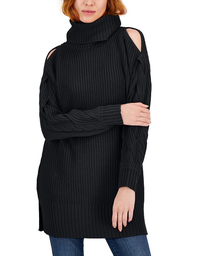 INC International Concepts Women's Cold Shoulder Cable Sleeve Sweater Black Size X-Small