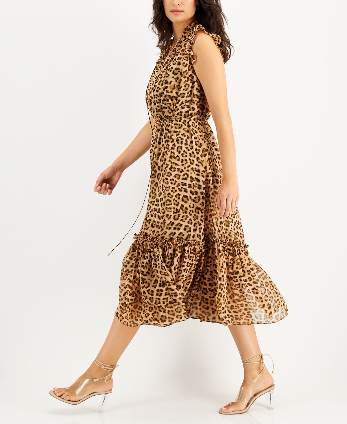 INC International Concepts Women's Cheetah Print Flutter Sleeve Dress Brown Size XX-Large