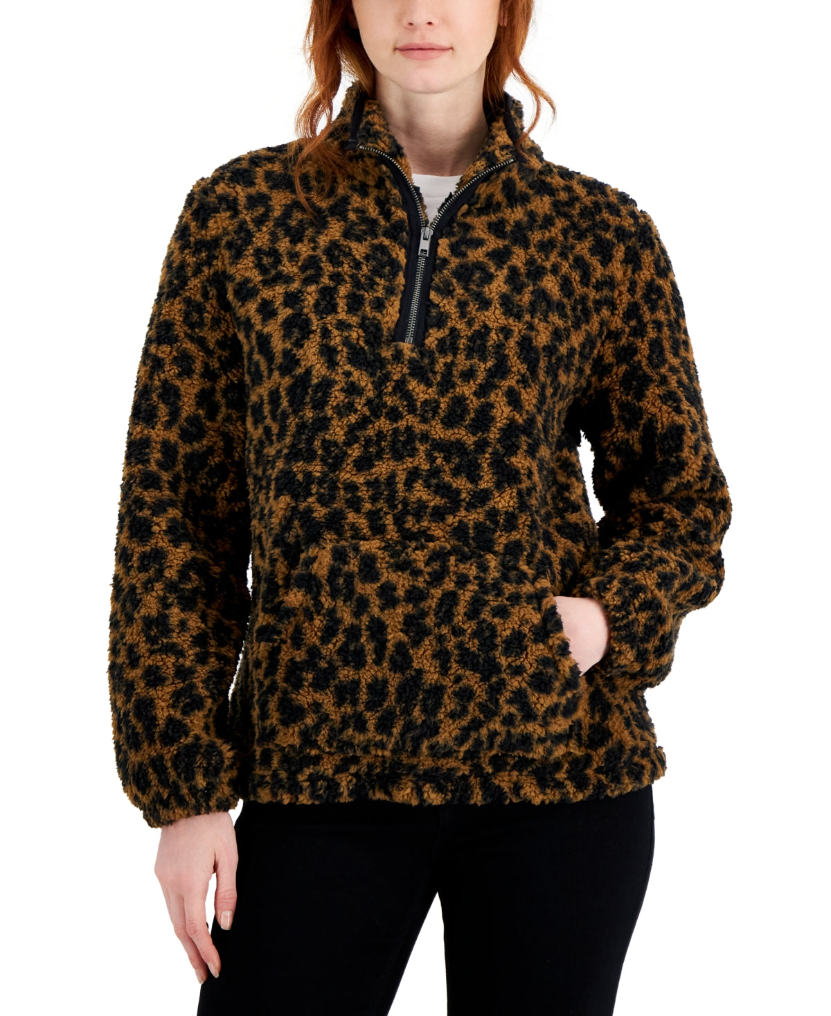 Style & Co Women's Printed Sherpa Quarter Zip Pullover Brown Size Petite X-Large