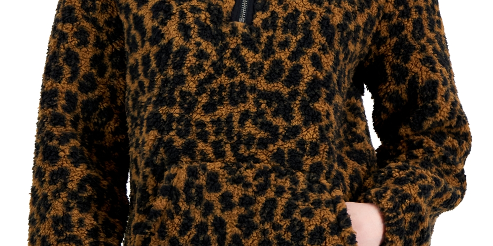 Style & Co Women's Printed Sherpa Quarter Zip Pullover Brown Size Petite X-Large