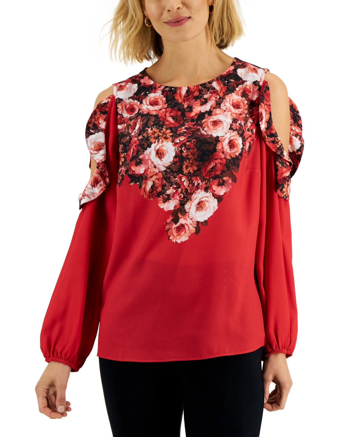 JM Collection Women's Cold Shoulder Mixed Media Floral Top Red Size Small