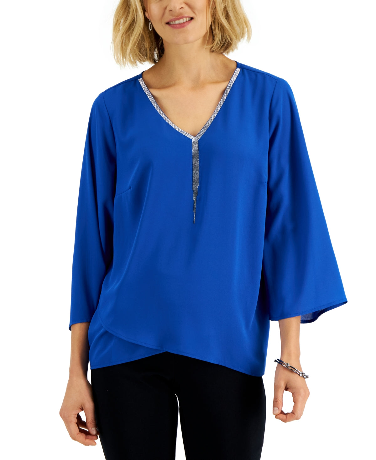 JM Collection Women's Embellished Neck Cross Over Top Blue Size Petite Medium
