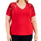 INC International Concepts Women's Sequined T-Shirt Red Size 2X