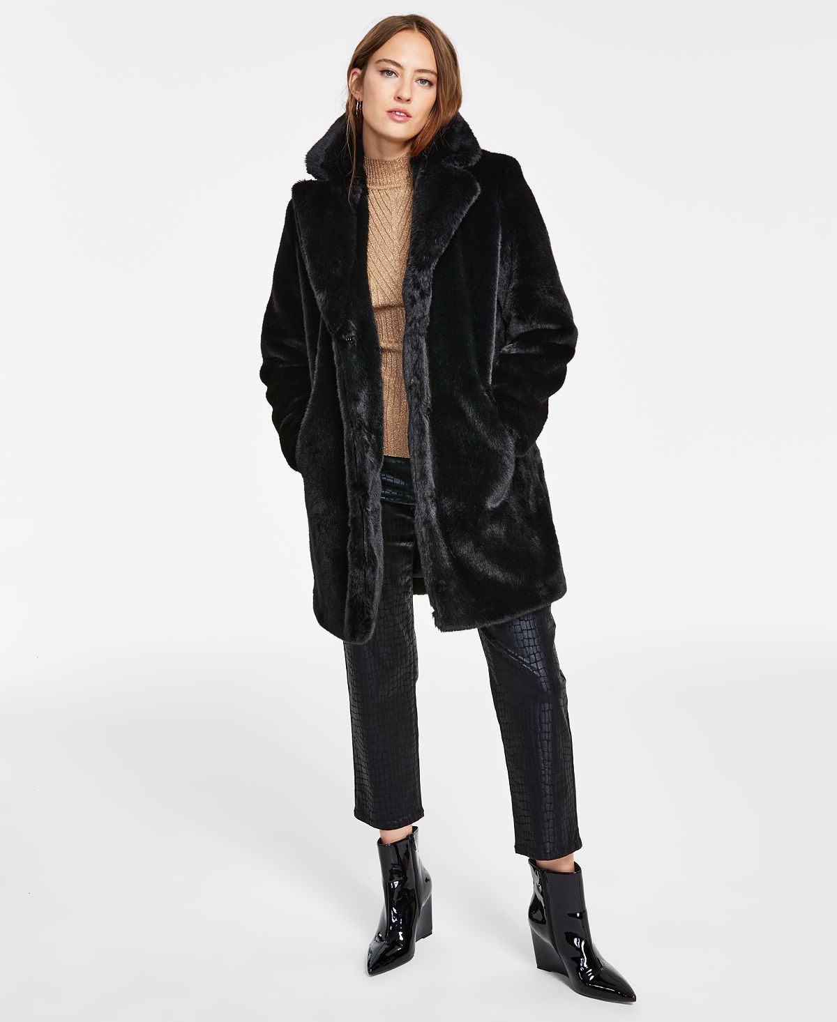 INC International Concepts Women's Long Faux Fur Chubby Coat Black Size Small