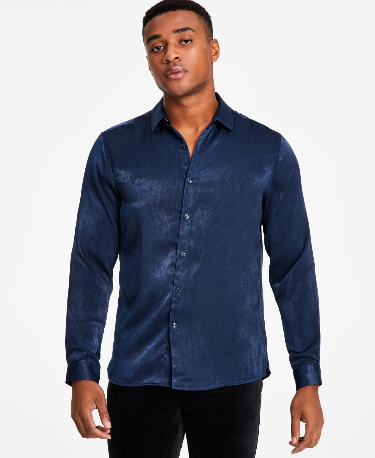 INC International Concepts Men's Satin Collared Button Down Shirt Blue Size Small
