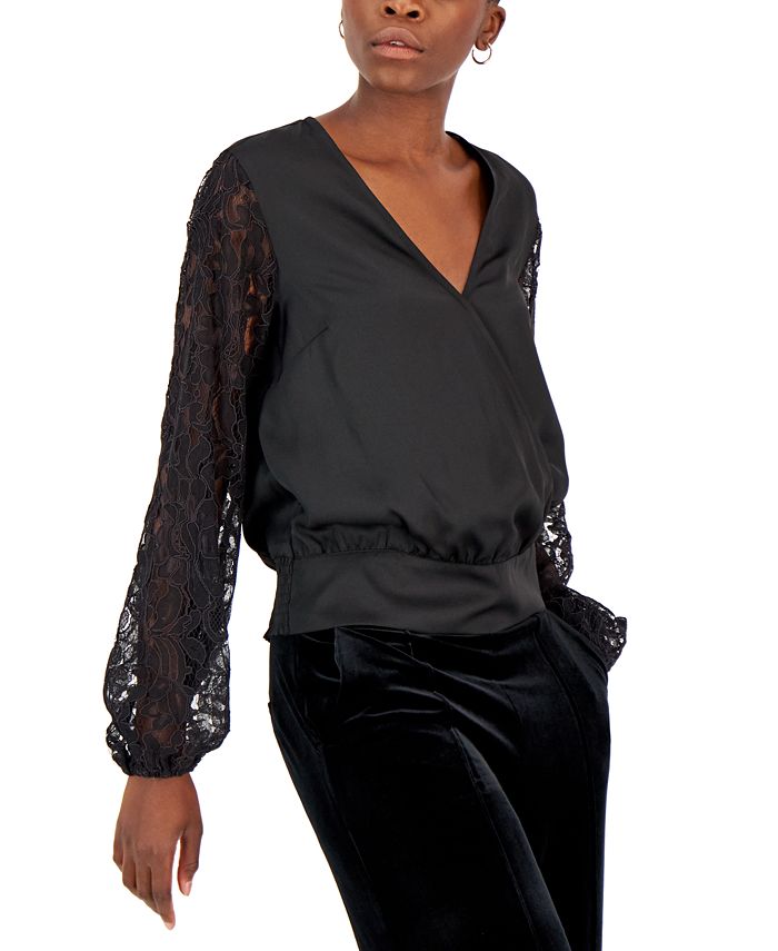 INC International Concepts Women's Lace Sleeve Blouse Black Size Large