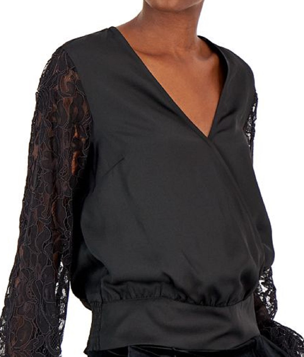 INC International Concepts Women's Lace Sleeve Blouse Black Size Large