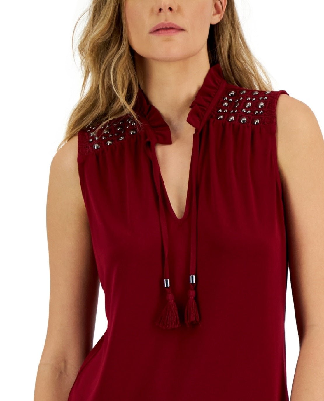 INC International Concepts Women's Sleeveless Crochet Split Neck Top Red Size Medium
