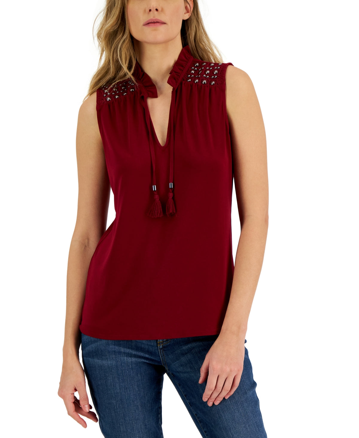 INC International Concepts Women's Sleeveless Crochet Split Neck Top Red Size Medium