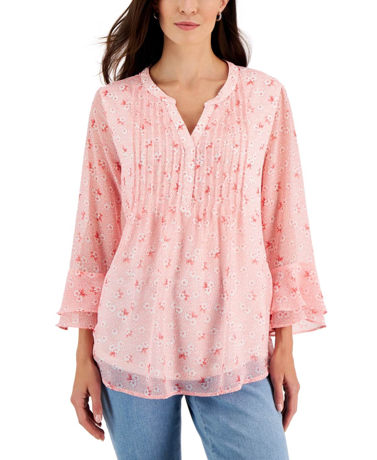 Charter Club Women's Floral Print Pintuck Top Red Size XX-Large
