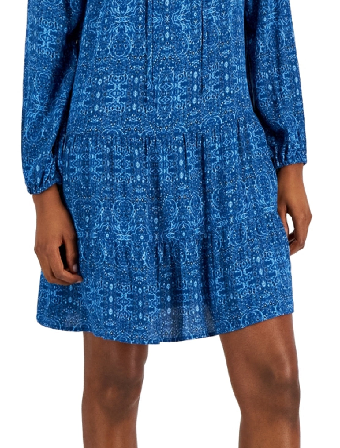 Style & Co Women's Printed V Neck Peasant Dress Blue Size Large