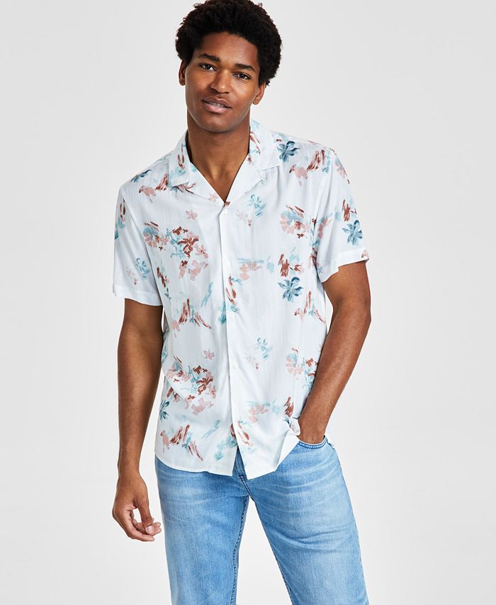 INC International Concepts Men's Abstract Print Camp Shirt White Size XX-Large