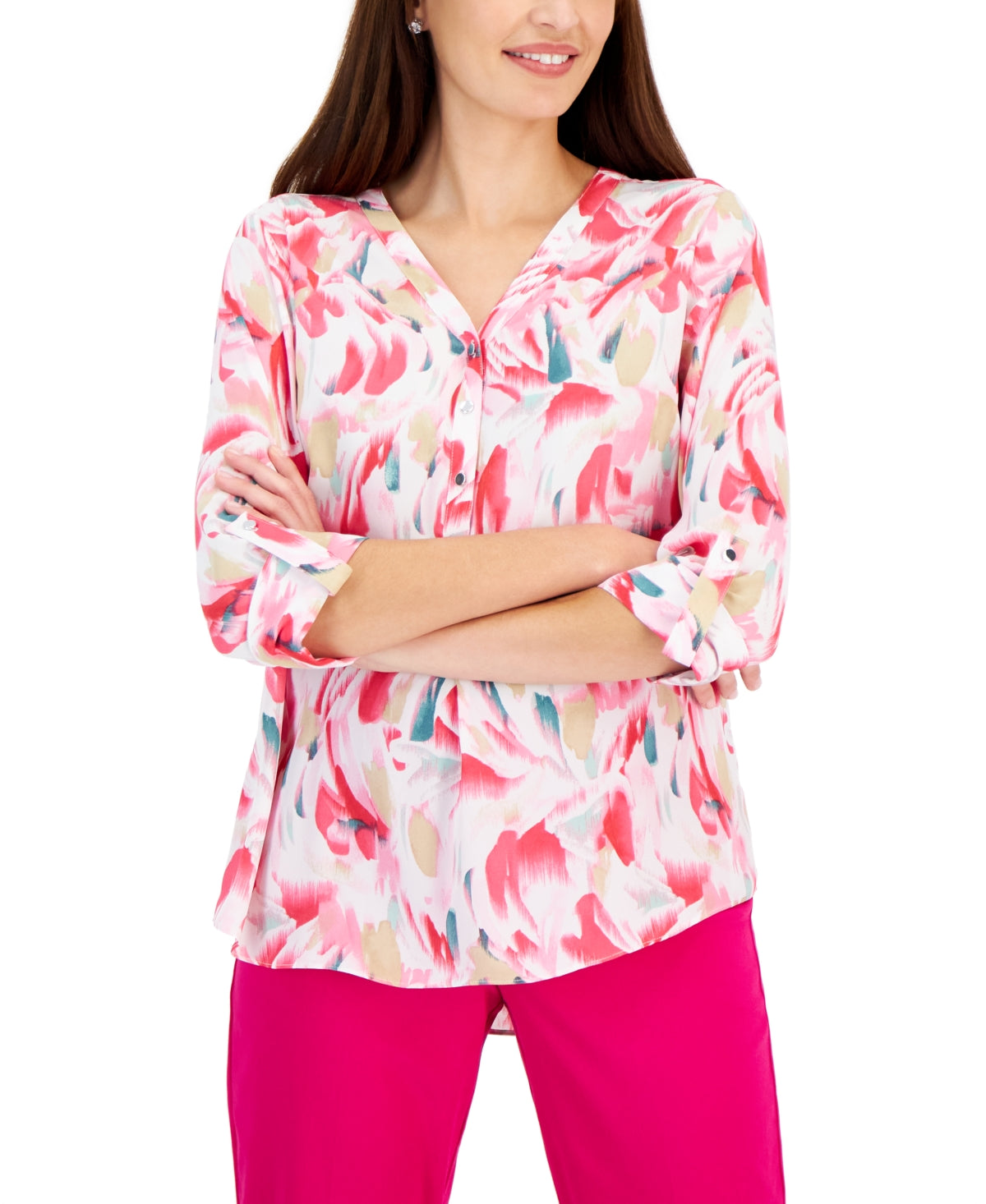 JM Collection Women's Monet Mirage Printed Utility Top White Size Medium