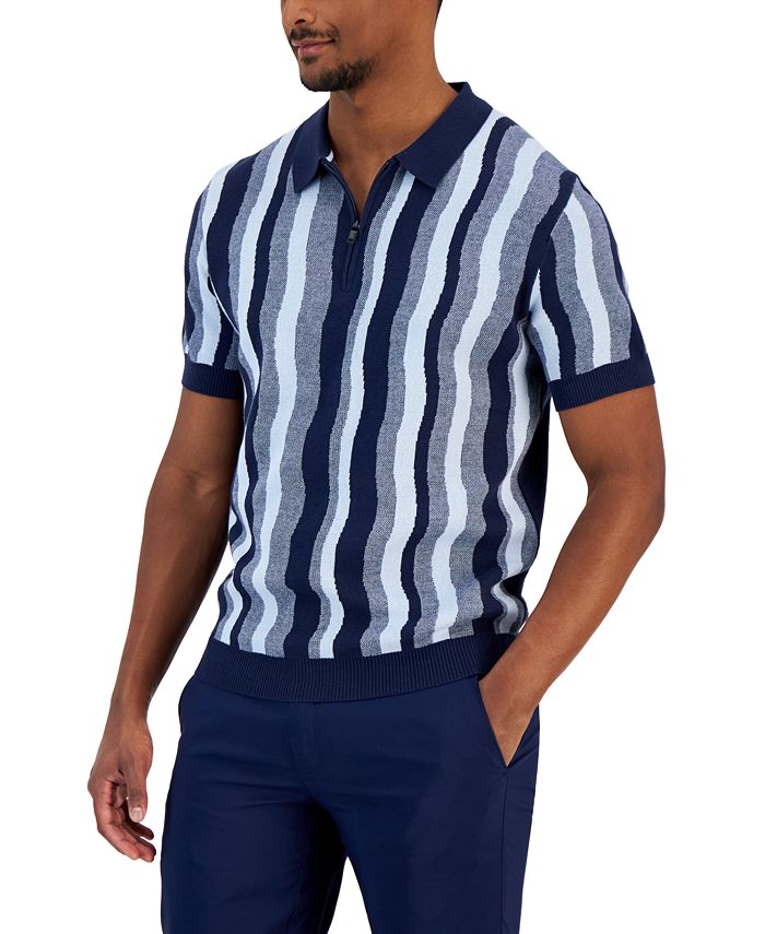 Alfani Men's Classic Fit Wavy Stripe 1/4 Zip Sweater Knit Polo Shirt White Size X-Large