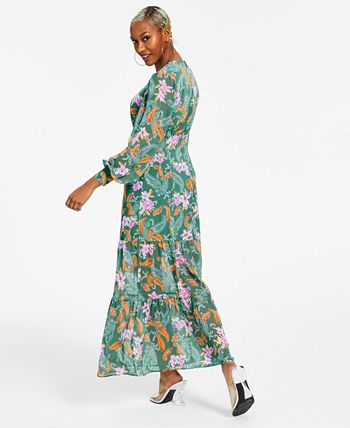 Bar III Women's Floral Chiffon Long-Sleeve Maxi Dress Green Size Petite Large