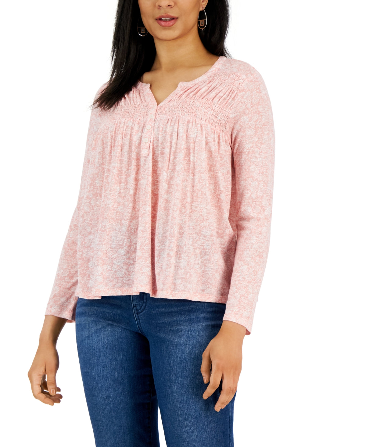 Style & Co Women's Knit Smocked Long Sleeve Top Orange Size Petite