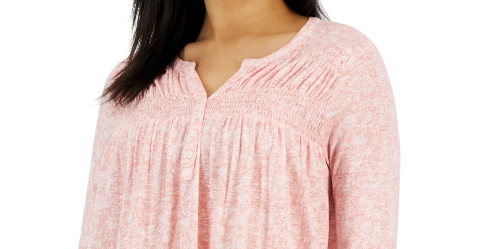 Style & Co Women's Knit Smocked Long Sleeve Top Orange Size Petite