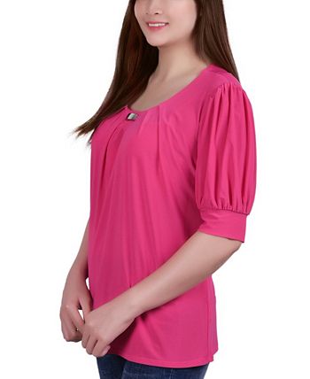NY Collection Women's Short Sleeve Balloon Sleeve Top Pink Size Petite Medium