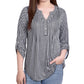 NY Collection Women's Knit Jacquard 3/4 Sleeve Roll Tab Pintuck Top Black Size Petite Medium