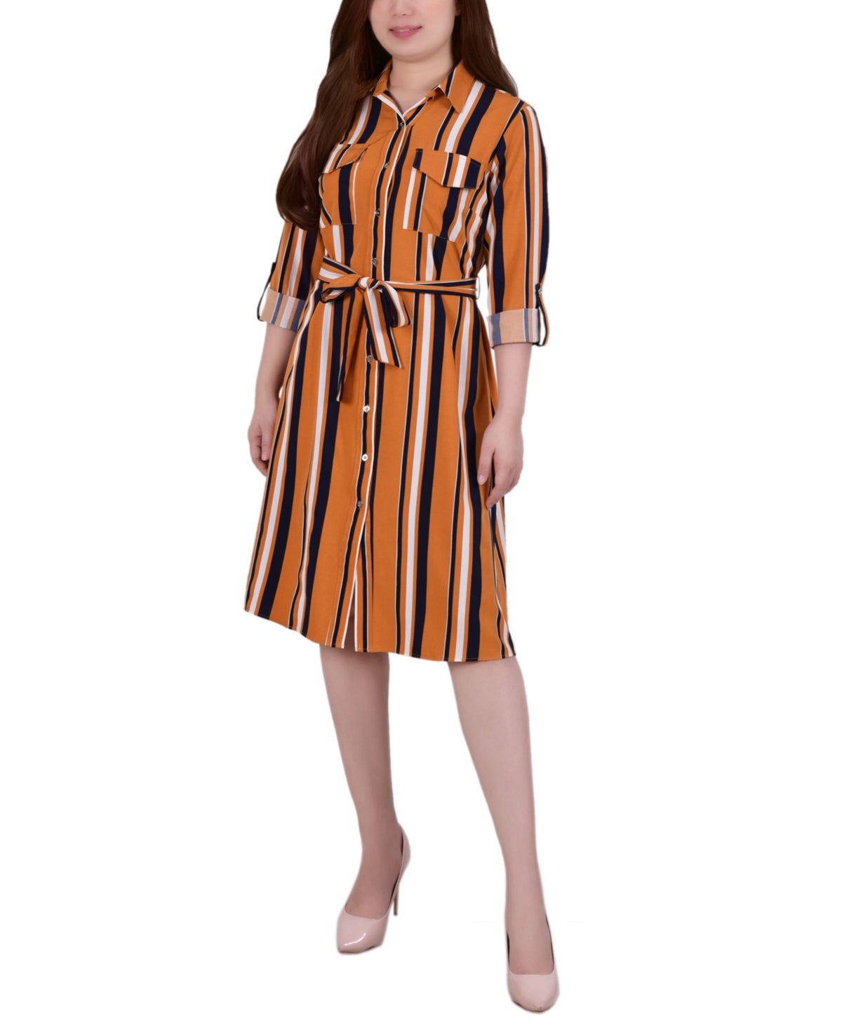 NY Collection Women's Roll Tab Shirt Dress Brown Size Petite Medium