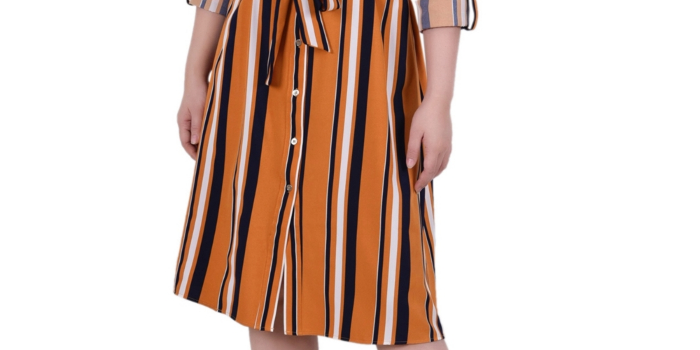 NY Collection Women's Roll Tab Shirt Dress Brown Size Petite Medium