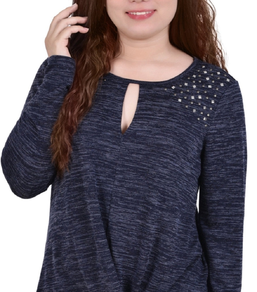 NY Collection Women's Long Sleeve Knit Keyhole Top Blue Size Petite Medium