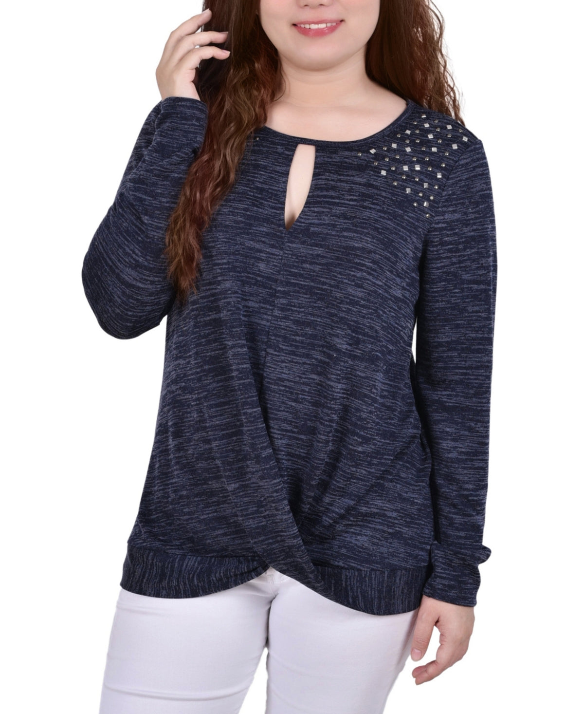 NY Collection Women's Long Sleeve Knit Keyhole Top Blue Size Petite Medium