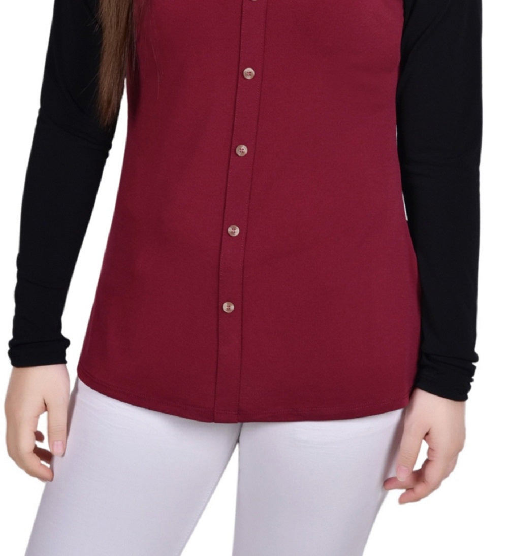NY Collection Women's Long Sleeve Studded Colorblocked Split Neck Top Red Size Petite X-Large