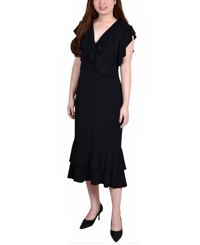 NY Collection Women's Short Flutter Sleeve Ruffle Neck Dress Black Size Large