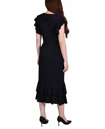 NY Collection Women's Short Flutter Sleeve Ruffle Neck Dress Black Size Large