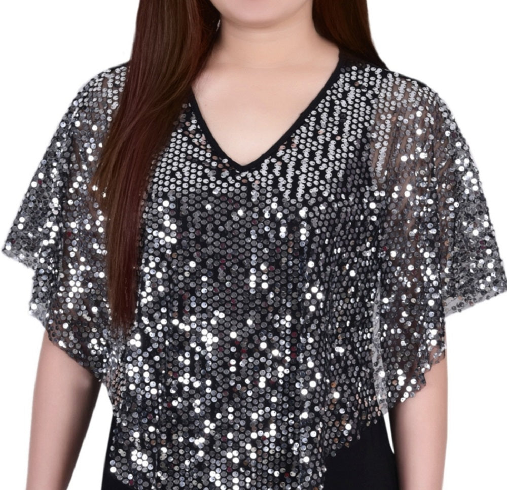 NY Collection Women's Sequin Front Poncho Top Gray Size Petite X-Large