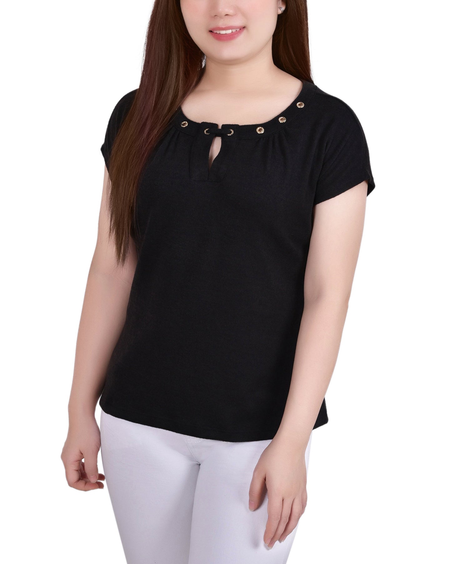 NY Collection Women's Sleeve Grommet Neck Knit Top Black Size Petite Small