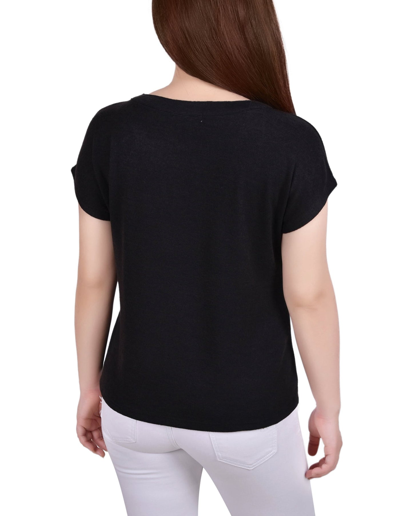 NY Collection Women's Sleeve Grommet Neck Knit Top Black Size Petite Small