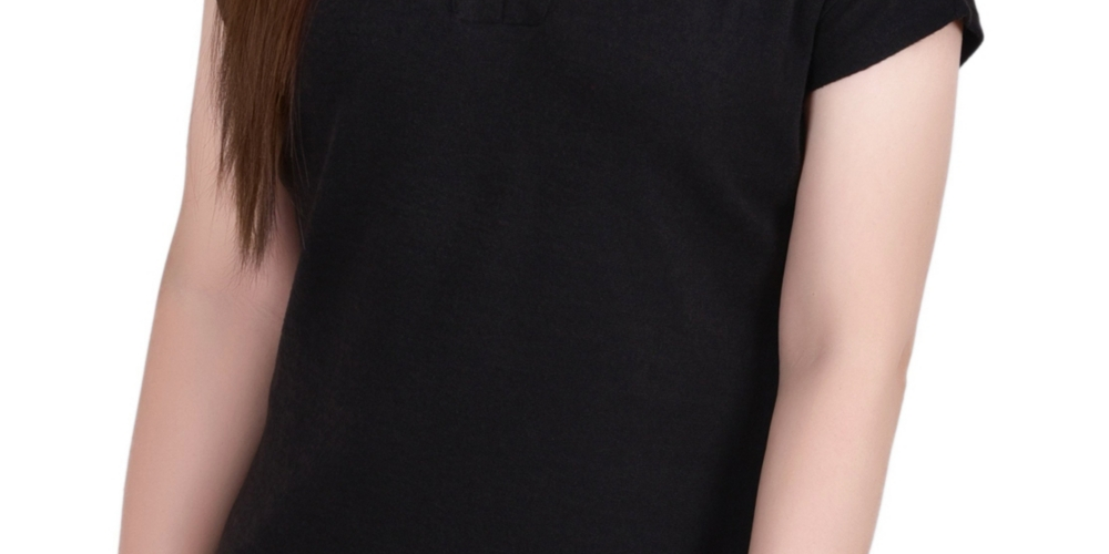 NY Collection Women's Sleeve Grommet Neck Knit Top Black Size Petite Small