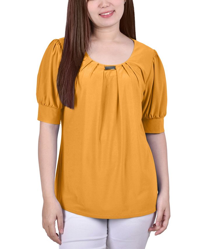 NY Collection Women's Short Sleeve Balloon Sleeve Top Yellow Size Medium