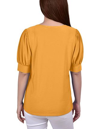 NY Collection Women's Short Sleeve Balloon Sleeve Top Yellow Size Medium