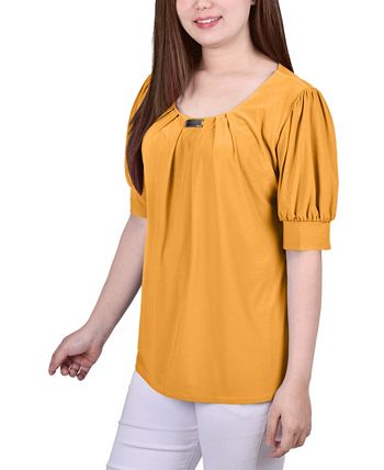 NY Collection Women's Short Sleeve Balloon Sleeve Top Yellow Size Medium