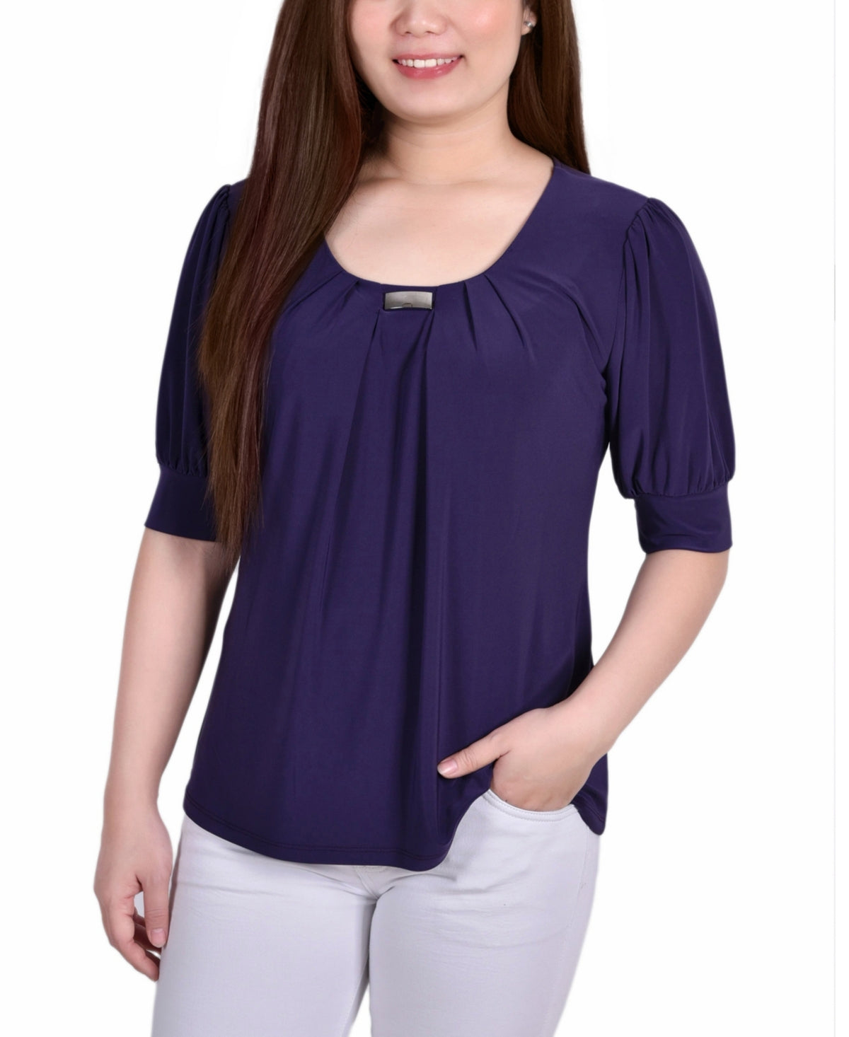 NY Collection Women's Short Sleeve Balloon Sleeve Top Purple Size Petite Medium