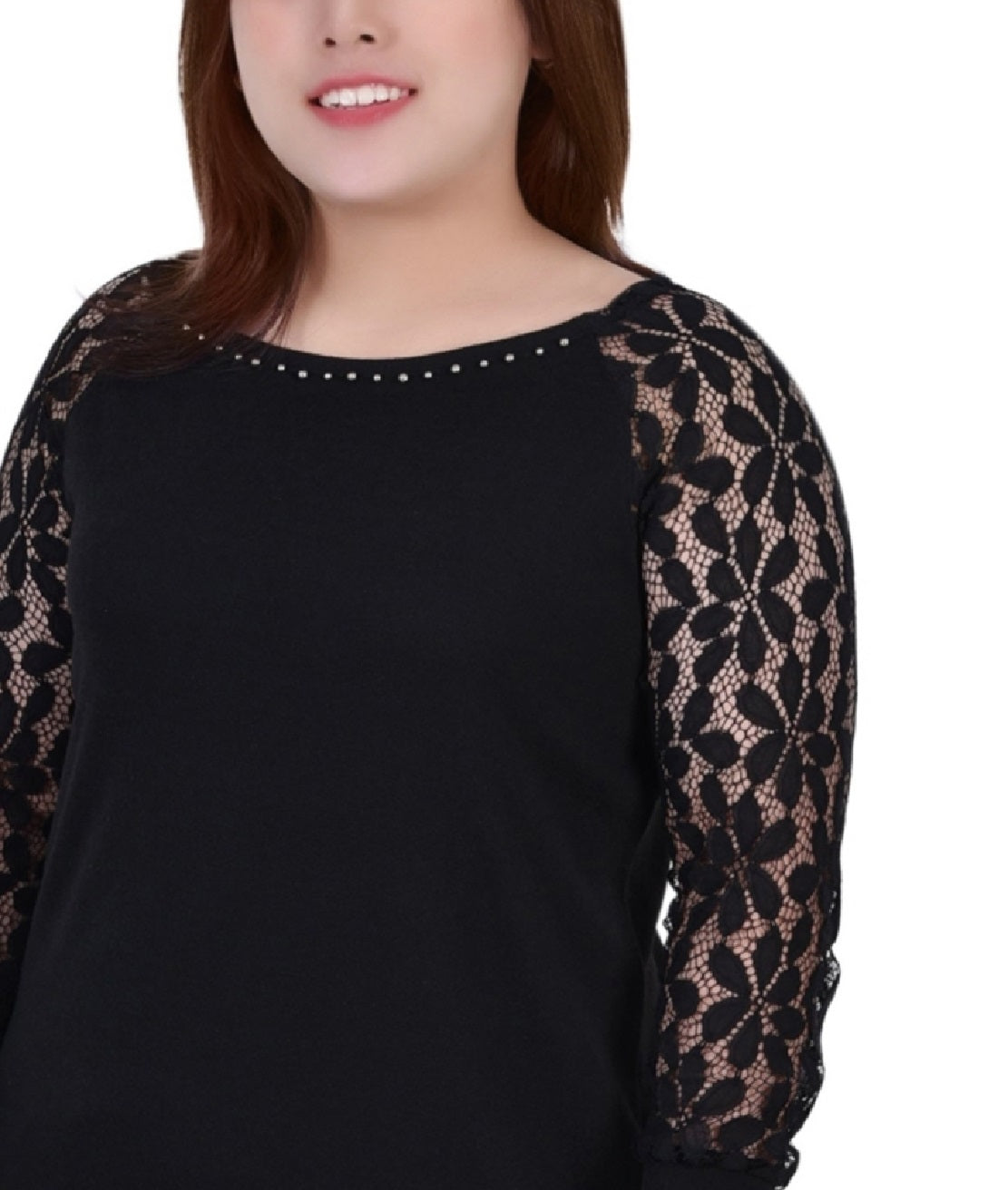 NY Collection Women's Plus Long Lace Sleeve Top Black Size 1X
