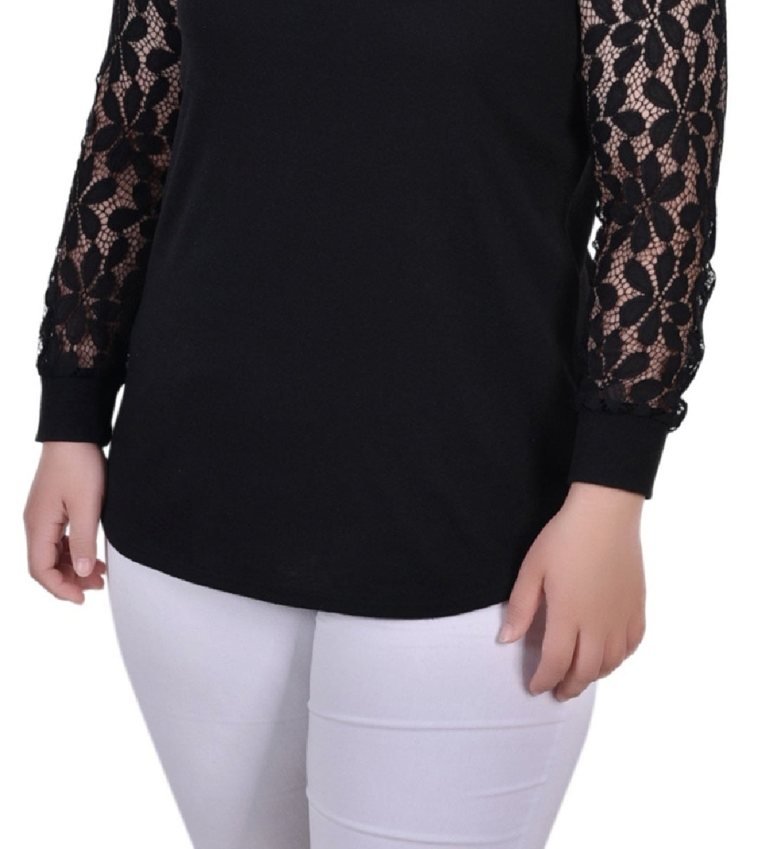 NY Collection Women's Plus Long Lace Sleeve Top Black Size 1X
