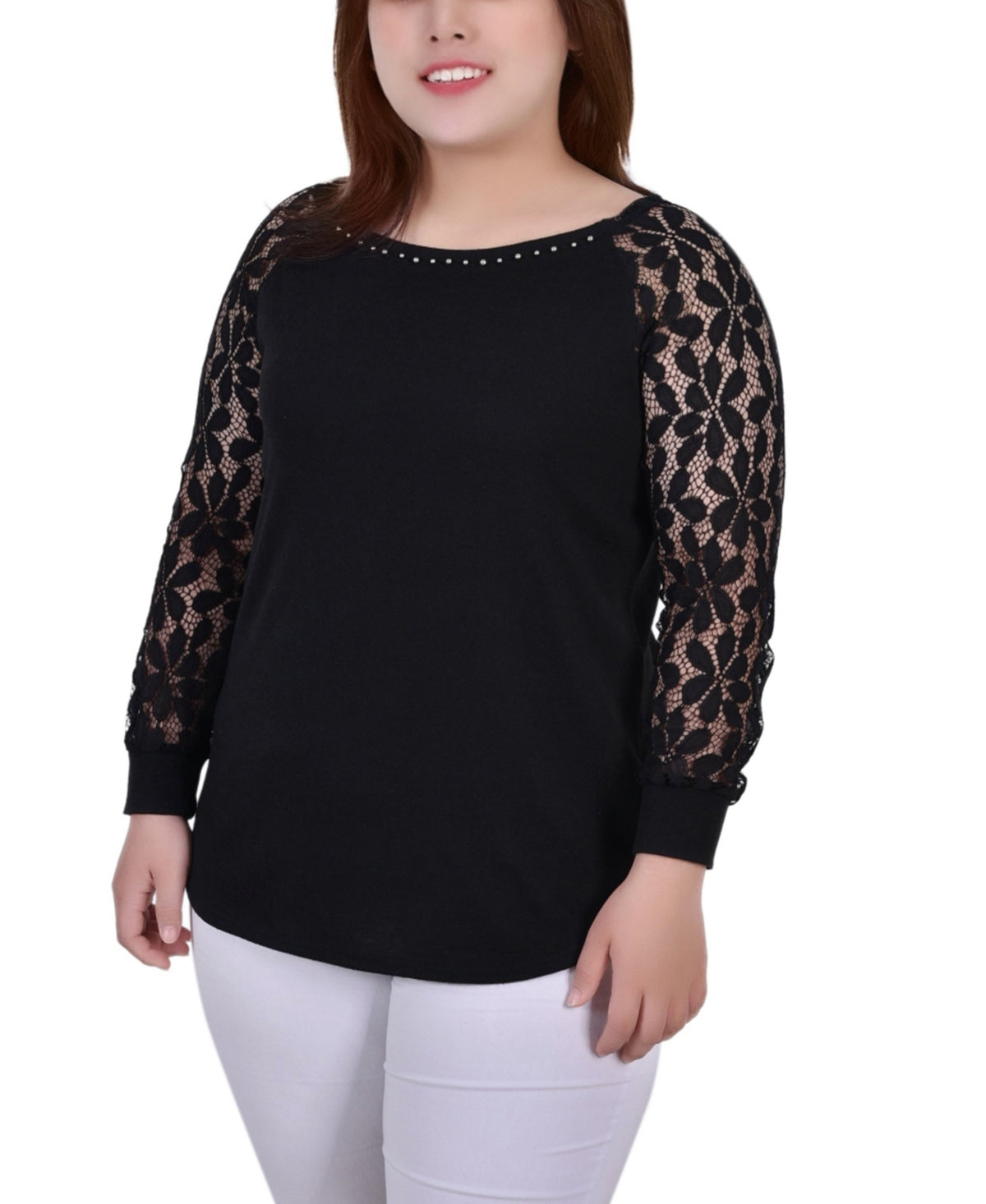 NY Collection Women's Plus Long Lace Sleeve Top Black Size 1X