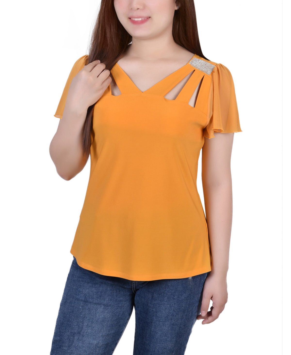 NY Collection Women's Short Flutter Sleeve Top Yellow Size Petite Small