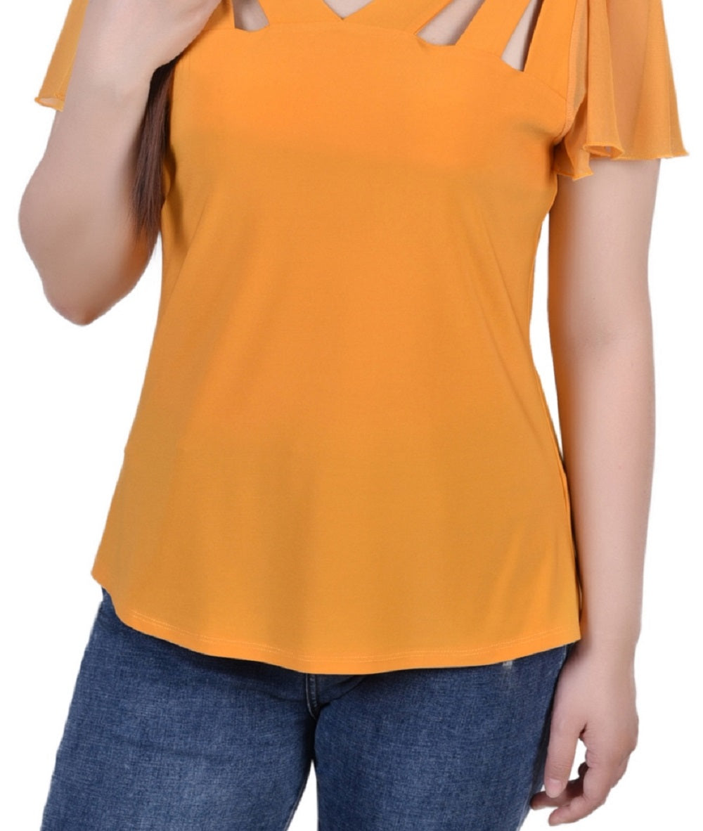 NY Collection Women's Short Flutter Sleeve Top Yellow Size Petite Small