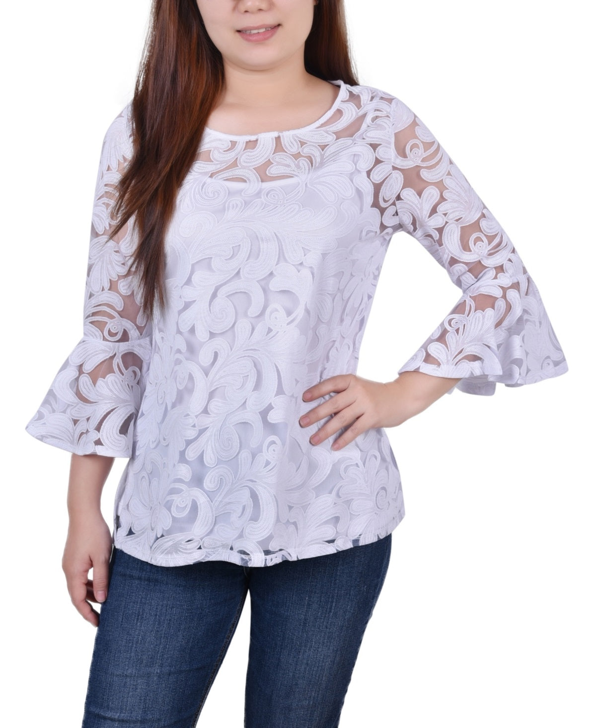 NY Collection Women's Bell Sleeve Blouse and Solid Camisole White Size M