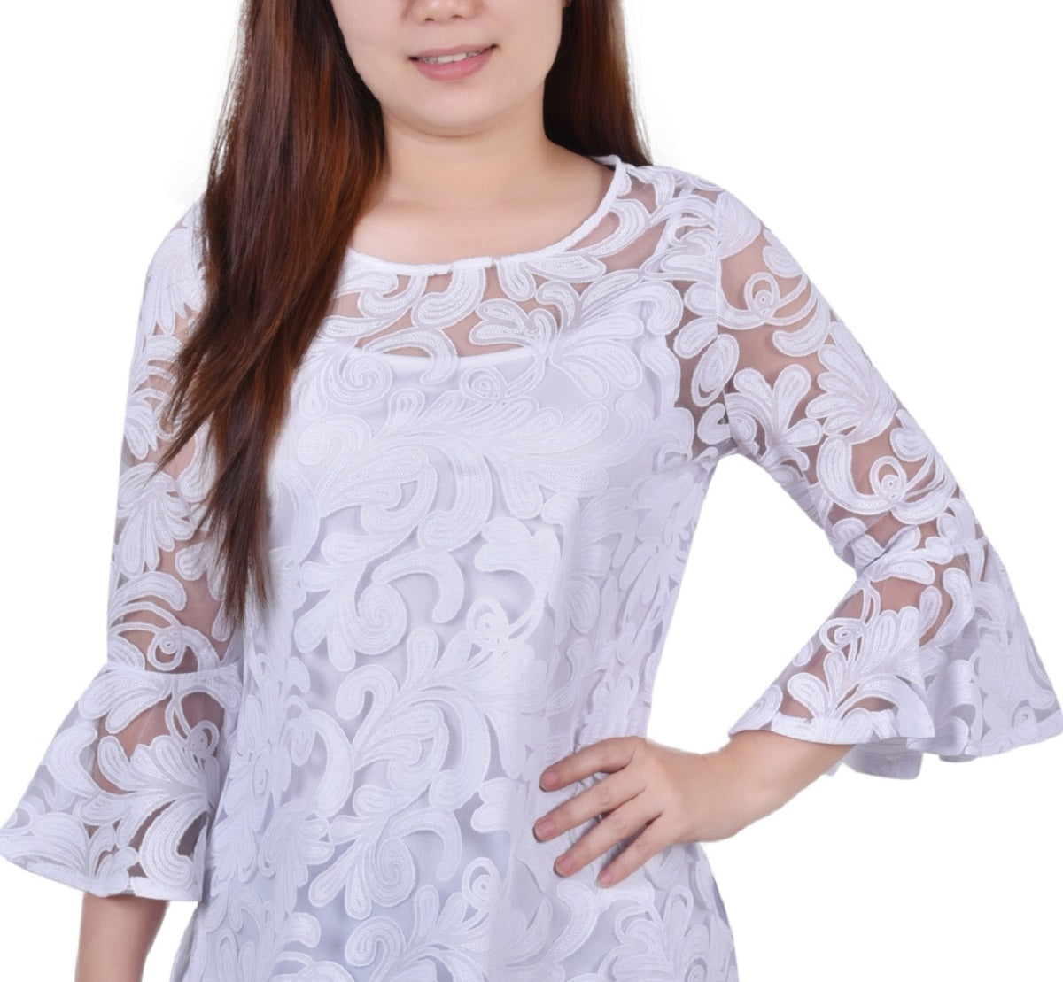 NY Collection Women's Bell Sleeve Blouse and Solid Camisole White Size M