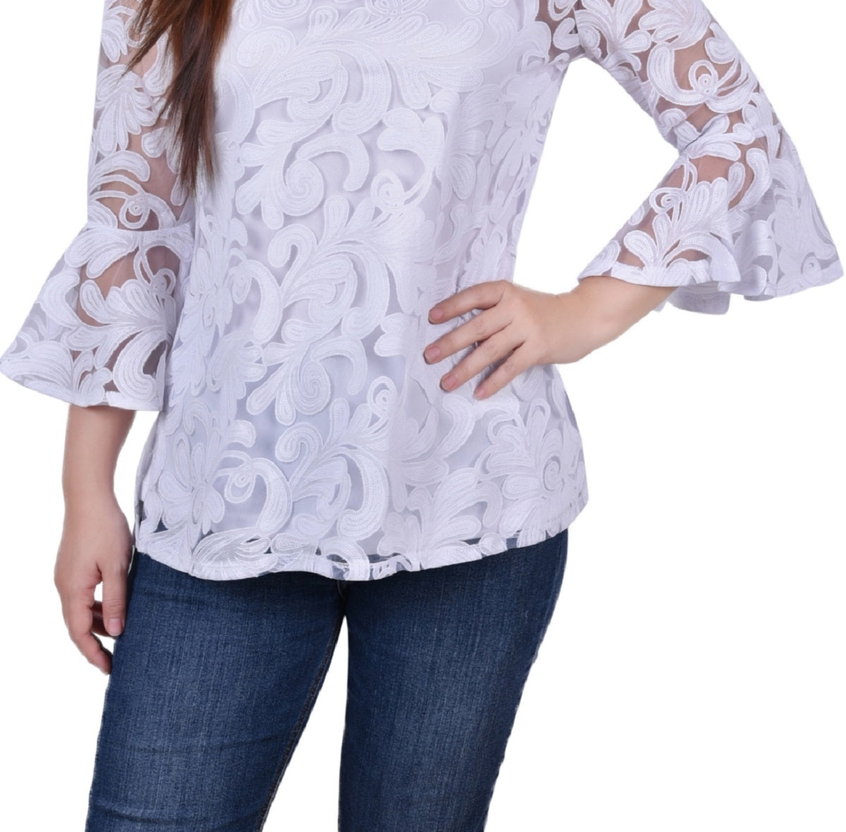 NY Collection Women's Bell Sleeve Blouse and Solid Camisole White Size M