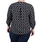 NY Collection Women's Plus 3/4 Sleeve Roll Tab Y Neck Blouse Black Size 2X
