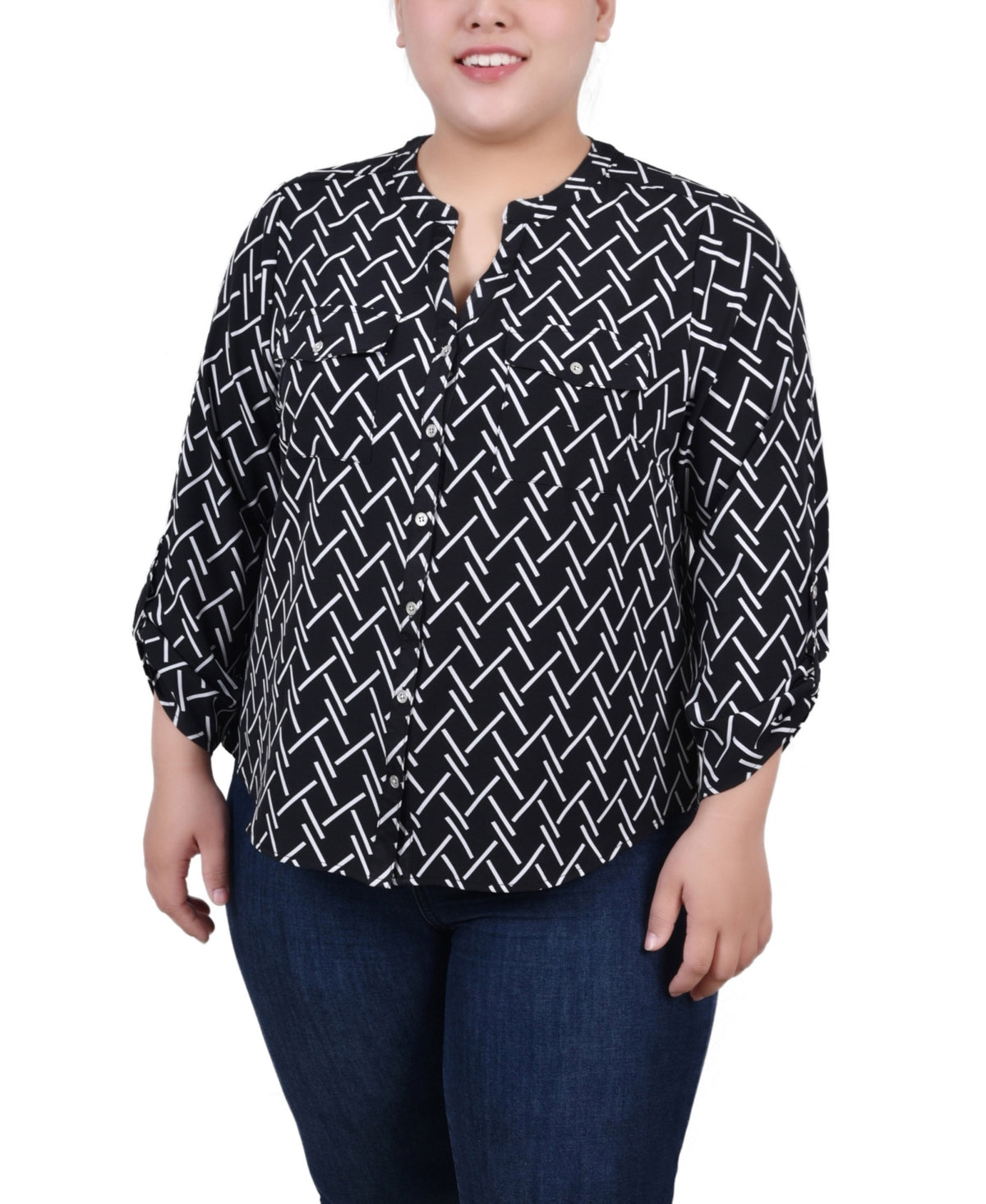 NY Collection Women's Plus 3/4 Sleeve Roll Tab Y Neck Blouse Black Size 2X
