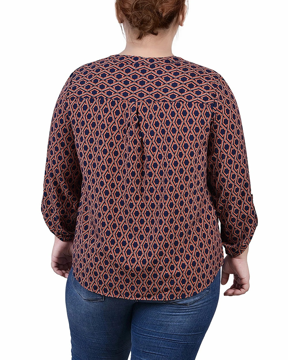 NY Collection Women's Plus 3/4 Sleeve Roll Tab Y Neck Blouse Blue Size 2X