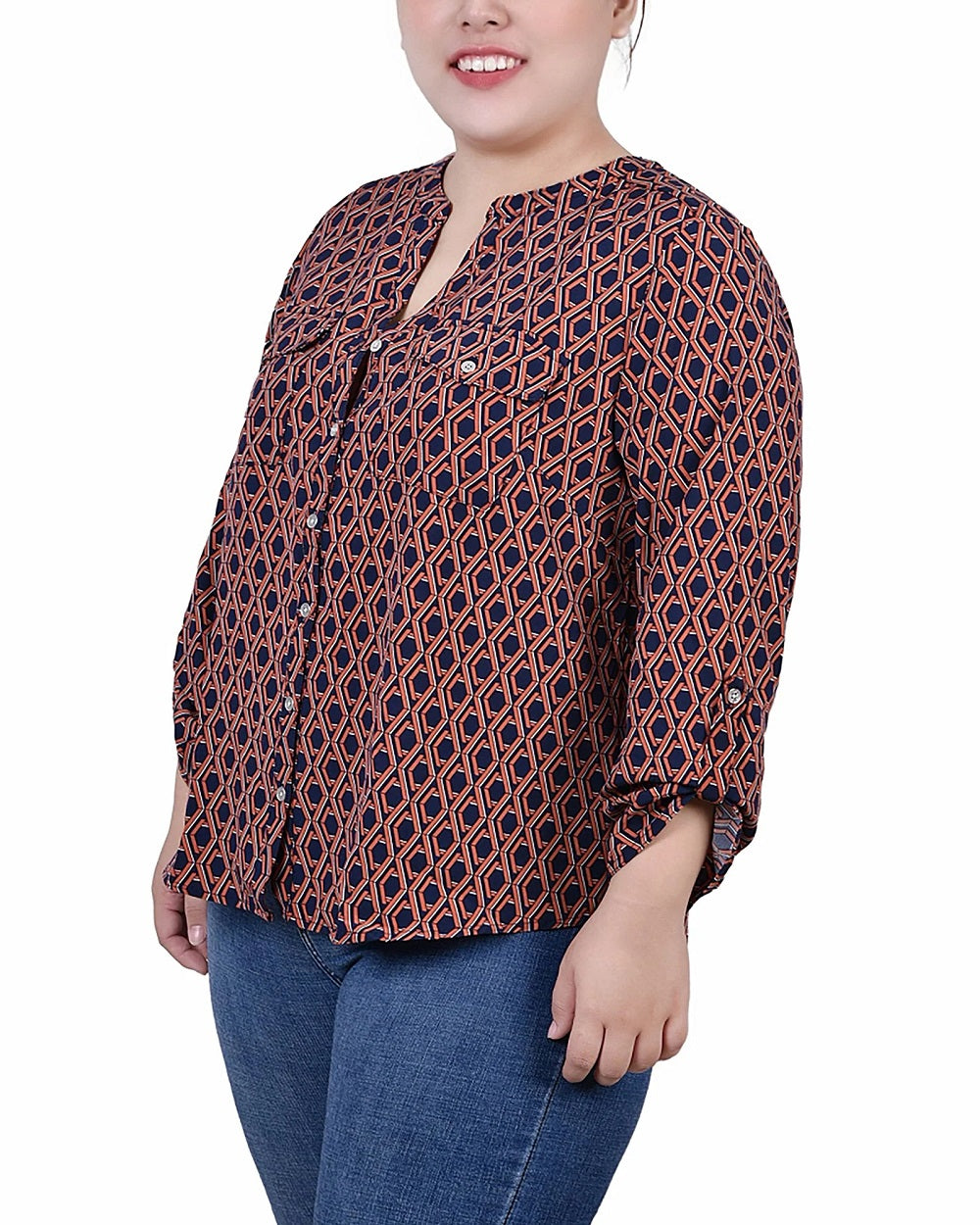 NY Collection Women's Plus 3/4 Sleeve Roll Tab Y Neck Blouse Blue Size 2X